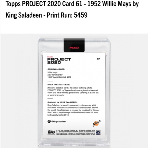 TOPPS PROJECT 2020-WILLE MAYS BY KING SALADEEN - Picture 3 of 8